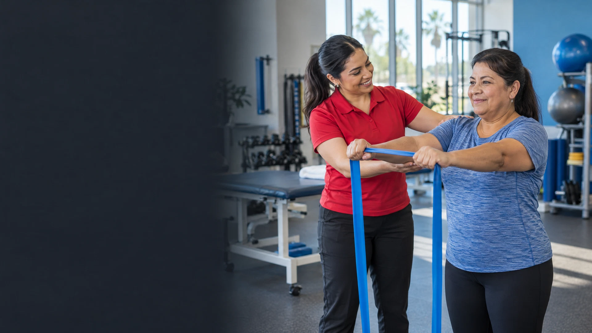 Illustrative scene of a therapist guiding a patient through a resistance-band exercise